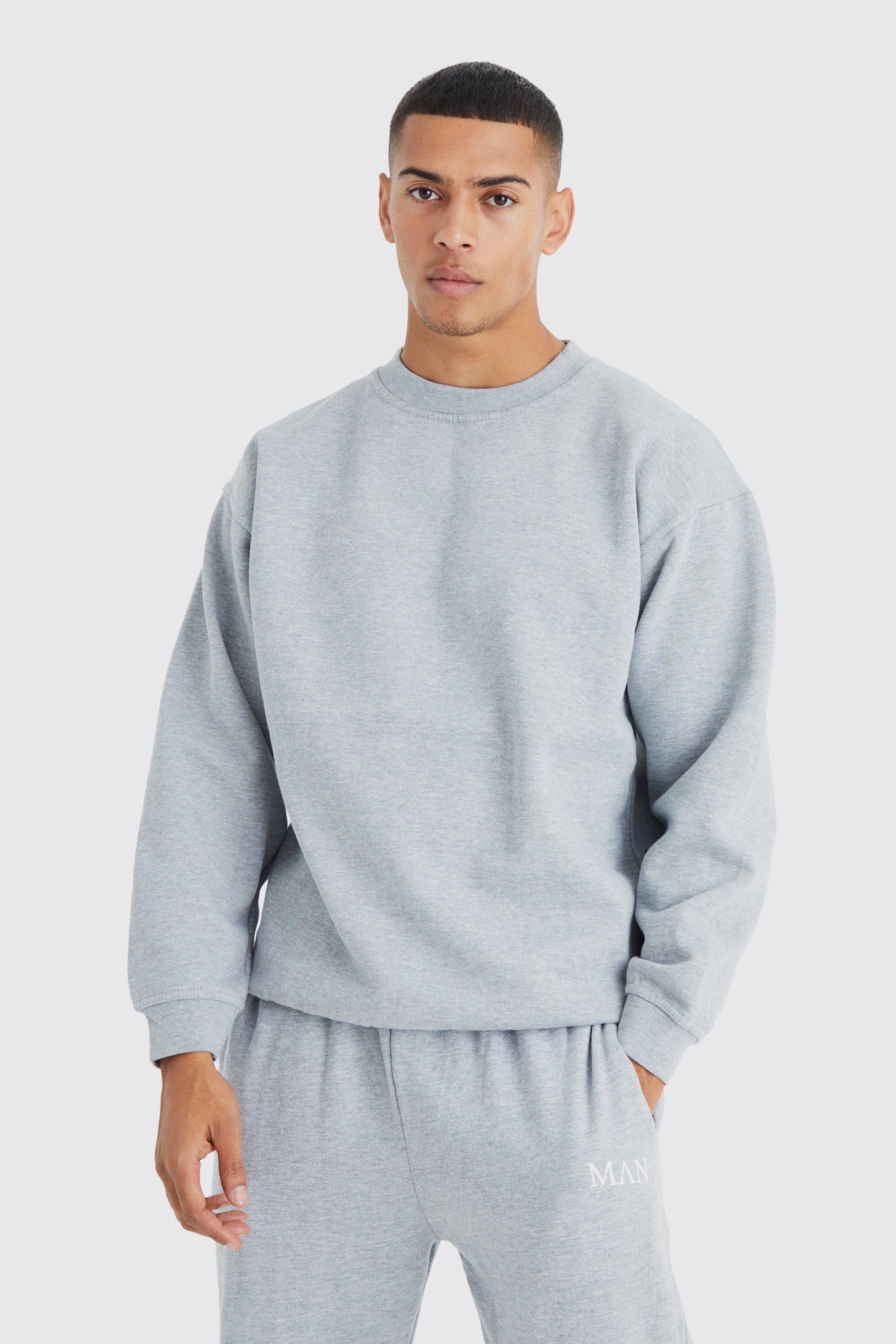 Mens Grey Basic Oversized Crew Neck Sweatshirt, Grey